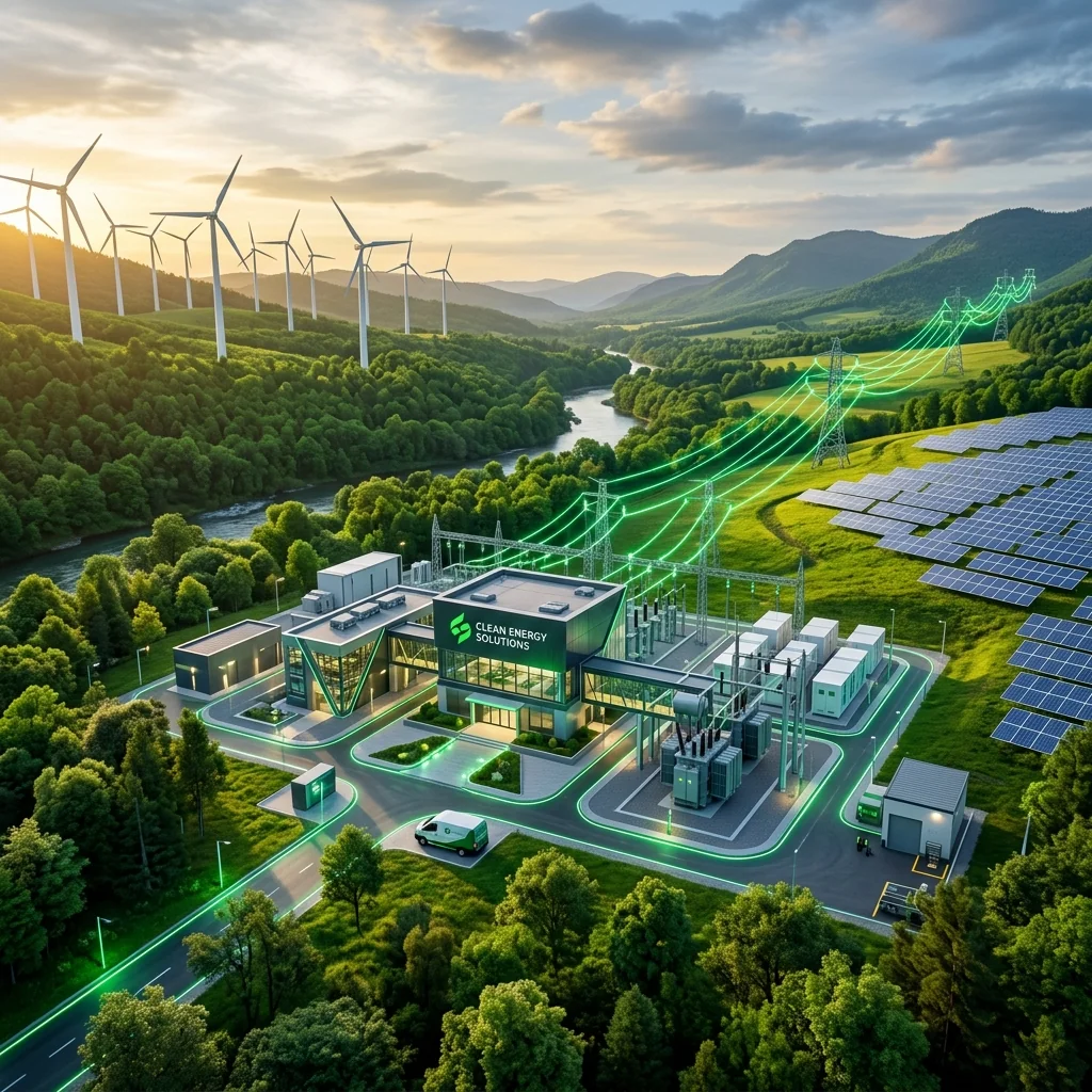 Renewable energy facility with wind turbines, solar panels, and electrical grid infrastructure